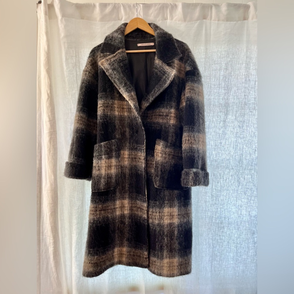 Wool-Blend Plaid Coat in Black and Tan